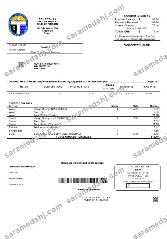 USA Oklahoma City of Tulsa business utility bill template in Word and PDF formats